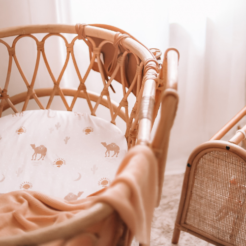 Australian Nursery Inspiration - Rattan Bassinet - Baby Boy Nursery with Camel Rustic Boho Organic Bedding